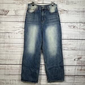 LEWKIN Faded Blue Wash Baggy Wide Leg Jeans Grunge Streetwear Womens Sz M 29x27